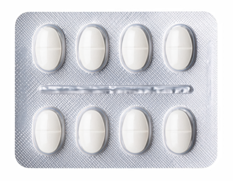 A pack of white pills in a clear bottle with a labeled cap on a soft surface for medical or pharmaceutical use in a clinical setting isolate on transparent background