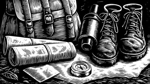 A detailed black and white sketch vector of camping gear: backpack, map, flashlight, compass, boots minimalist outdoors style - Powered by Adobe