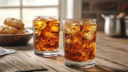 Iced tea in glasses on a wooden table