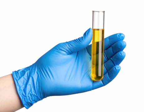 Hand holding a vial showcasing the importance of proper handling of medical samples or laboratory equipment in clinical settings isolate on transparent background