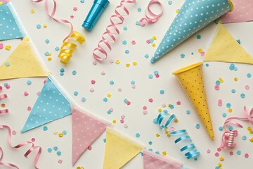 Obraz premium Vibrant Party Celebration Essentials with Colorful Confetti, Polka Dot Bunting Flags, Ribbons, and Decorative Cones for Joyful Festive Occasions