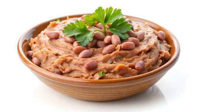 Refried beans with peanuts and parsley in brown bowl