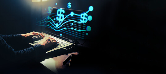 businessman work from home use devic technology to control hologram icon floating, success in...