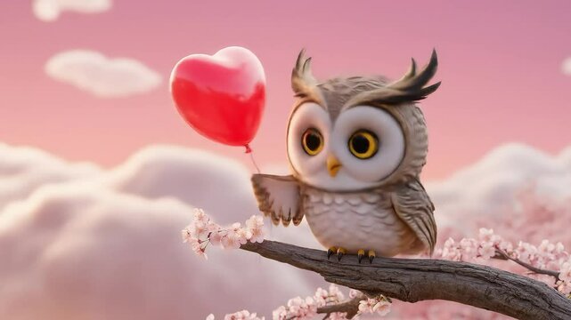 Cute great horned owl cartoon character illustration with big eyes on a branch holding a love balloon cheerfully 