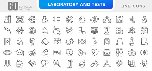 Laboratory and test line icon set. Laboratory, research, scientist, experiment, lab, science, chemical, toxic, microscope, beaker, experiment, education, biotechnology line icon set. Ui thin line icon
