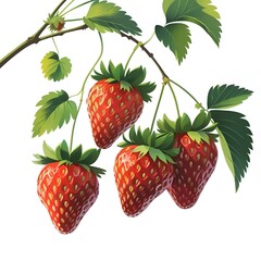Realistic Strawberry Fruit on Branch with Leaves Isolated on Transparent Background – Botanical Illustration