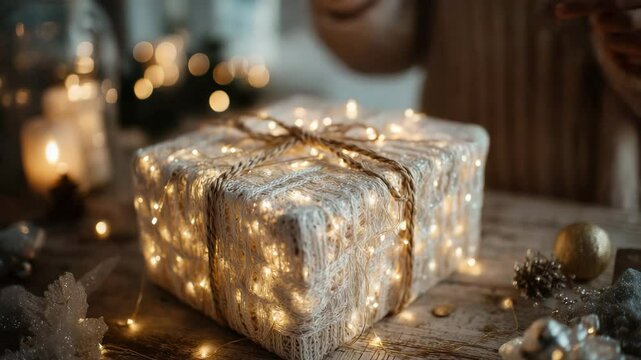 A cozy, festive scene featuring hands tying a rustic string bow on a present wrapped in lights and yarn, surrounded by warm holiday decor.