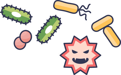 Illustration of various pathogens, including bacteria and viruses, symbolizing infection and disease.