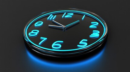Sleek, black circular clock with vibrant blue neon numerals and hands, subtly illuminated base