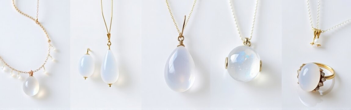 Elegant compilation of moonstone jewelry: necklaces, pendants and ring on a white background