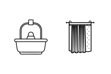 Simple line art illustration featuring a washbasin and curtain as domestic elements