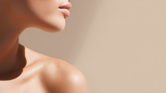 Close-up of woman&rsquo;s jawline and collarbone highlighting glowing skin on beige background