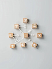 Wooden Cubes Connected with Lines on Blue Background Representing Social Network and Organizational Structure, Illustrating Teamwork, Digital Communication, and Business Collaboration