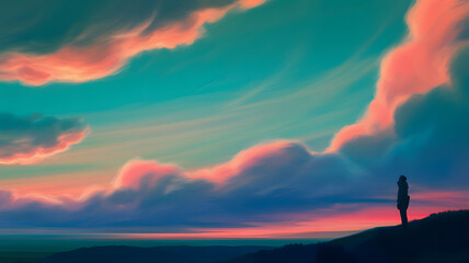 Obraz premium A person silhouetted on a hill looks at a colorful sky with pink and blue clouds at sunset time