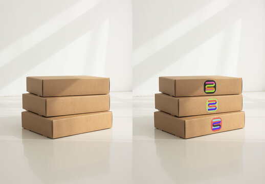 Neatly Stacked Brown Boxes Mockup. Side view