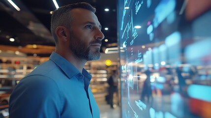 Man Analyzing Data on Transparent Screen in Store or Office