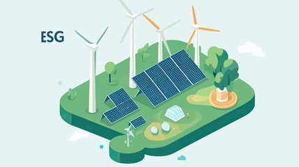Isometric sustainable energy concept with wind turbines solar panels green trees and eco friendly ESG environment illustration in flat minimalist style