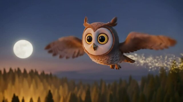 Cute wise brown owl cartoon character with big eyes flying in the night with majestic particles behind