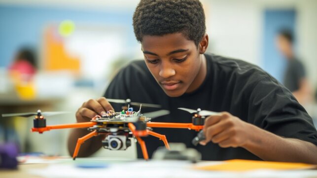 A student building a drone in a STEM innovation lab