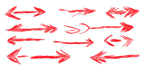 Set of nine red hand drawn sketch arrows with rough crayon texture in various directions and styles for design elements and icons
