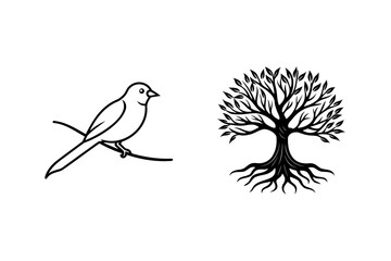 Simple bird perched on branch and silhouette tree design black and white nature illustration