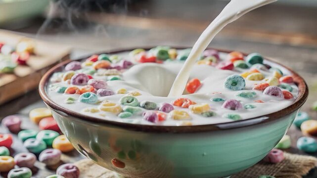 Slow motion milk pouring into bowl of colorful cereal.Vibrant cereal rings splashed with milk in slow motion.