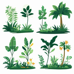 Set of flat minimalist vector illustrations of various jungle and tropical plants with lush green leaves and vibrant yellow flowers isolated on white background for nature and botanical design