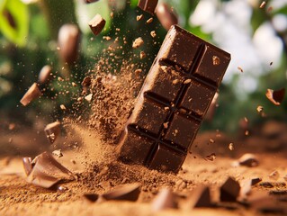 Close-up of a chocolate bar being broken, with a blurred cocoa farm