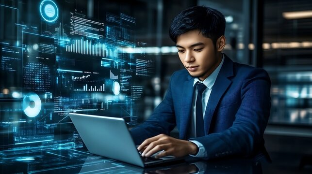 Man Typing on Laptop with Futuristic Data Overlays for Business