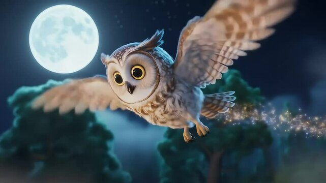 Cute cartoon brown owl with wise eyes perched  against a moonlit night sky, a wild nocturnal animal vector illustration