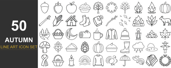 50 Cozy Autumn Season Line Art Vector Icons Including Leaves, Pumpkins, Harvest Items, Clothing, Weather Elements, and Festive Fall Decor for Seasonal Projects and Digital Use