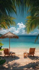 Palm-fringed tropical beach with colorful umbrellas and chairs arranged neatly.