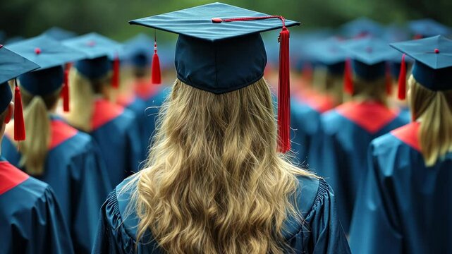 Graduating students in caps and gowns.  A sea of graduates, focused on the future