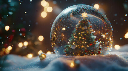 Magical Christmas scene of a snow globe with a christmas tree inside in snow