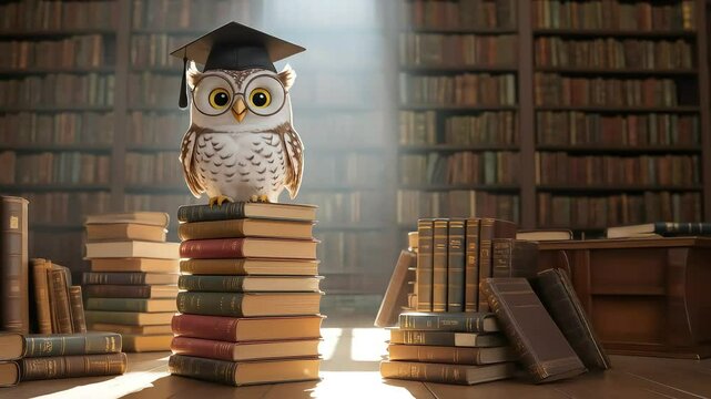 Wise cartoon owl wearing a graduation cap and glasses, perched on a stack of books, symbolizing education and learning