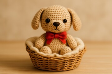 crochet puppy doll sitting inside a small woven basket with a soft blanket