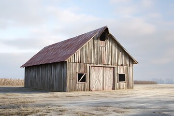 Old rustic wooden barn stands peacefully in a winter landscape under a cloudy sky