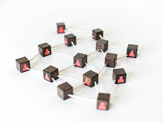 Wooden Cubes Connected with Lines on Blue Background Representing Social Network and Organizational Structure, Illustrating Teamwork, Digital Communication, and Business Collaboration