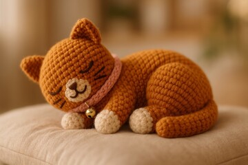 crochet cat laying curled up on a soft cushion