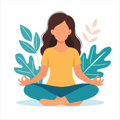 Woman meditating in nature and leaves. Concept illustration for yoga, meditation, relax, recreation, healthy lifestyle. Vector illustration in flat cartoon style stock illustration.