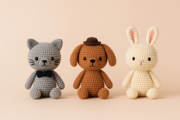 Three handmade crochet animal dolls, a cat, a dog, and a bunny lined up in front of a plain pastel background