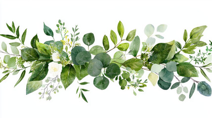 Watercolor botanical illustration of lush green leaves and delicate flowers, creating serene and natural ambiance
