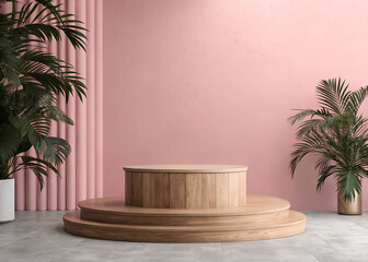 A wooden podium with plants on both sides stands against a pink wall and curtains