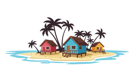 Obraz premium Seafront Bungalow Houses with Palm Trees Vector Illustration