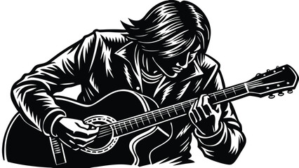 Monochrome silhouette of musician playing acoustic guitar intense performance art illustration