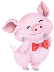 Happy pig cartoon. Cute animal character. Hand drawn with watercolor.Suitable for children, perfect for decorating cards for celebrations.
