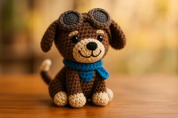 crochet dog wearing aviator goggles and a tiny blue scarf, sitting on a wooden surface