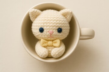 crochet kitten doll nestled in a small teacup