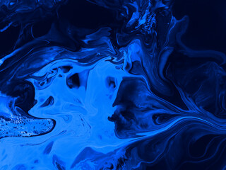 Blue abstract fantastic creative hand painted background, marble and brush texture, abstract ocean, acrylic painting.