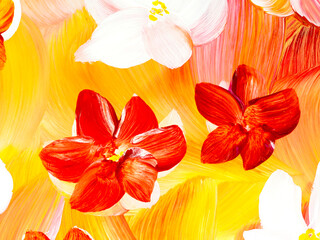 Abstract red flowers, original hand drawn, impressionism style, color texture, brush strokes of paint, art background.
